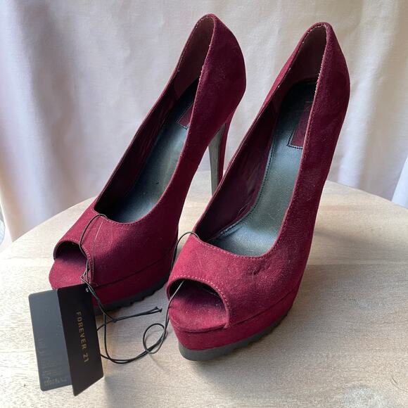 Forever 21 Womens Size 8.5 Heels Wine Faux Suede Peep Toe Platform Stilleto New - Picture 11 of 13